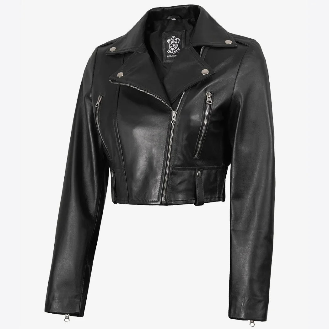 Sowachi Women's Black Biker Style Asymmetrical Cropped Leather Jacket