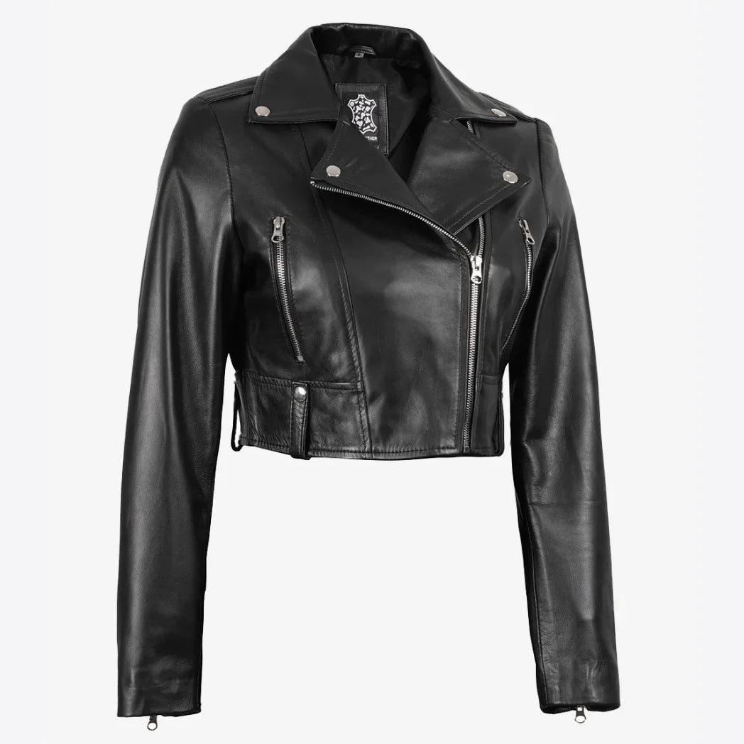 Sowachi Women's Black Biker Style Asymmetrical Cropped Leather Jacket