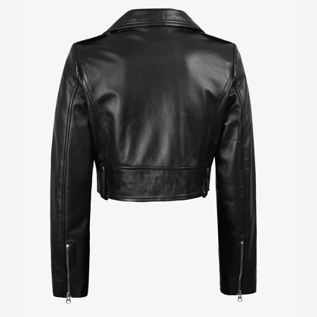 Sowachi Women's Black Biker Style Asymmetrical Cropped Leather Jacket