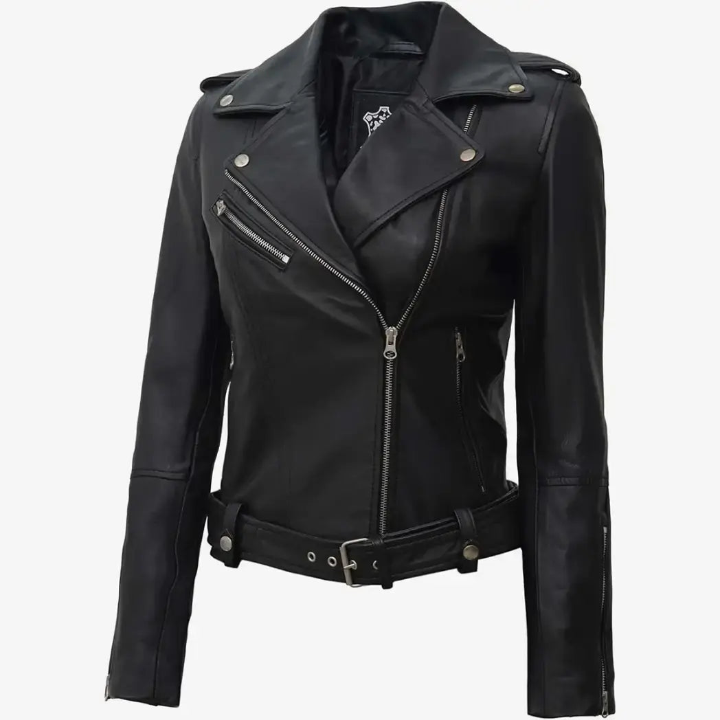 Sowachi Women's Black Biker Style Leather Jacket With Belt