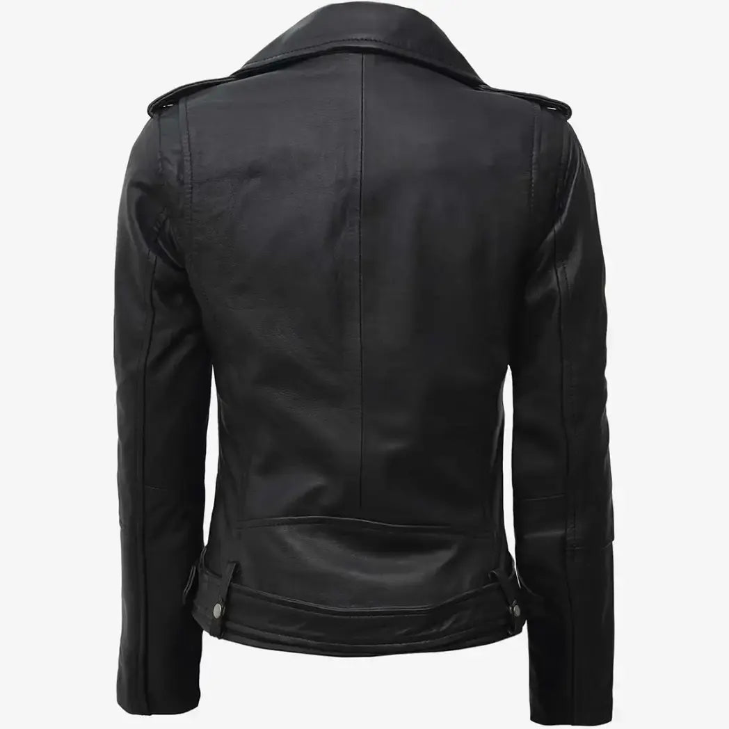 Sowachi Women's Black Biker Style Leather Jacket With Belt