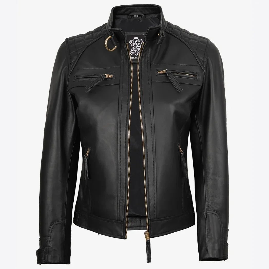 Sowachi Women's Black Real Leather Biker Style Jacket with Golden Details