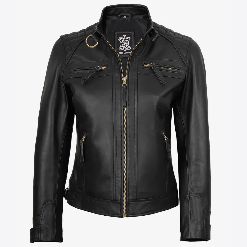 Sowachi Women's Black Real Leather Biker Style Jacket with Golden Details