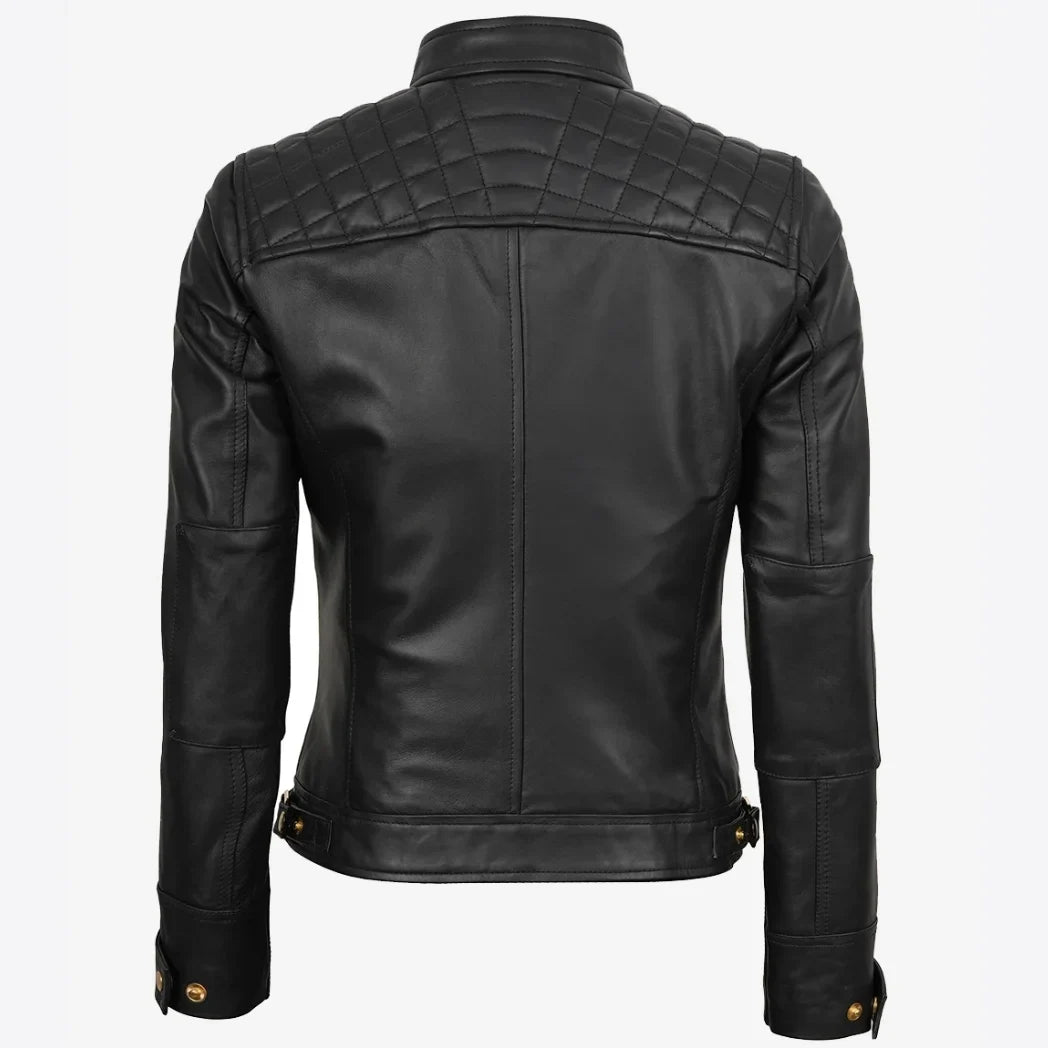 Sowachi Women's Black Real Leather Biker Style Jacket with Golden Details