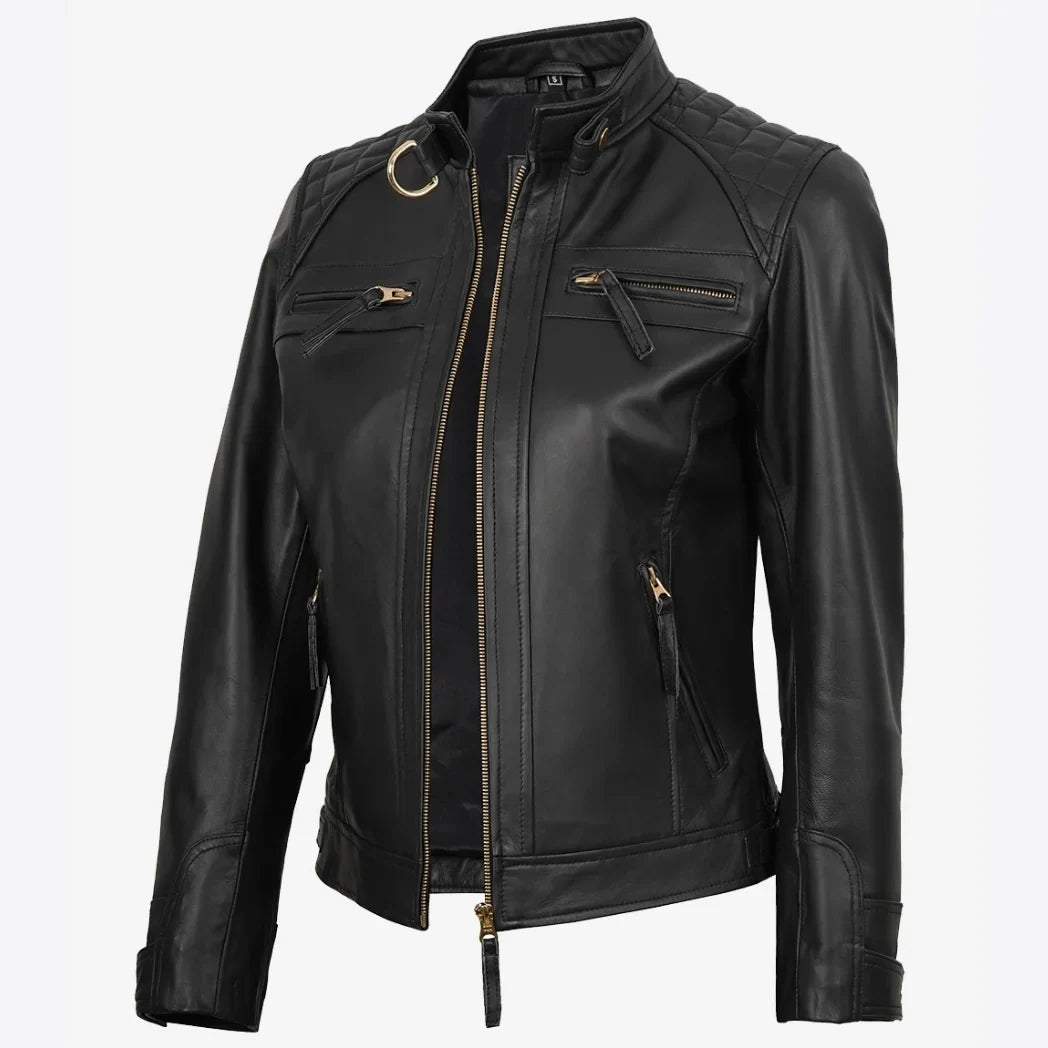 Sowachi Women's Black Real Leather Biker Style Jacket with Golden Details