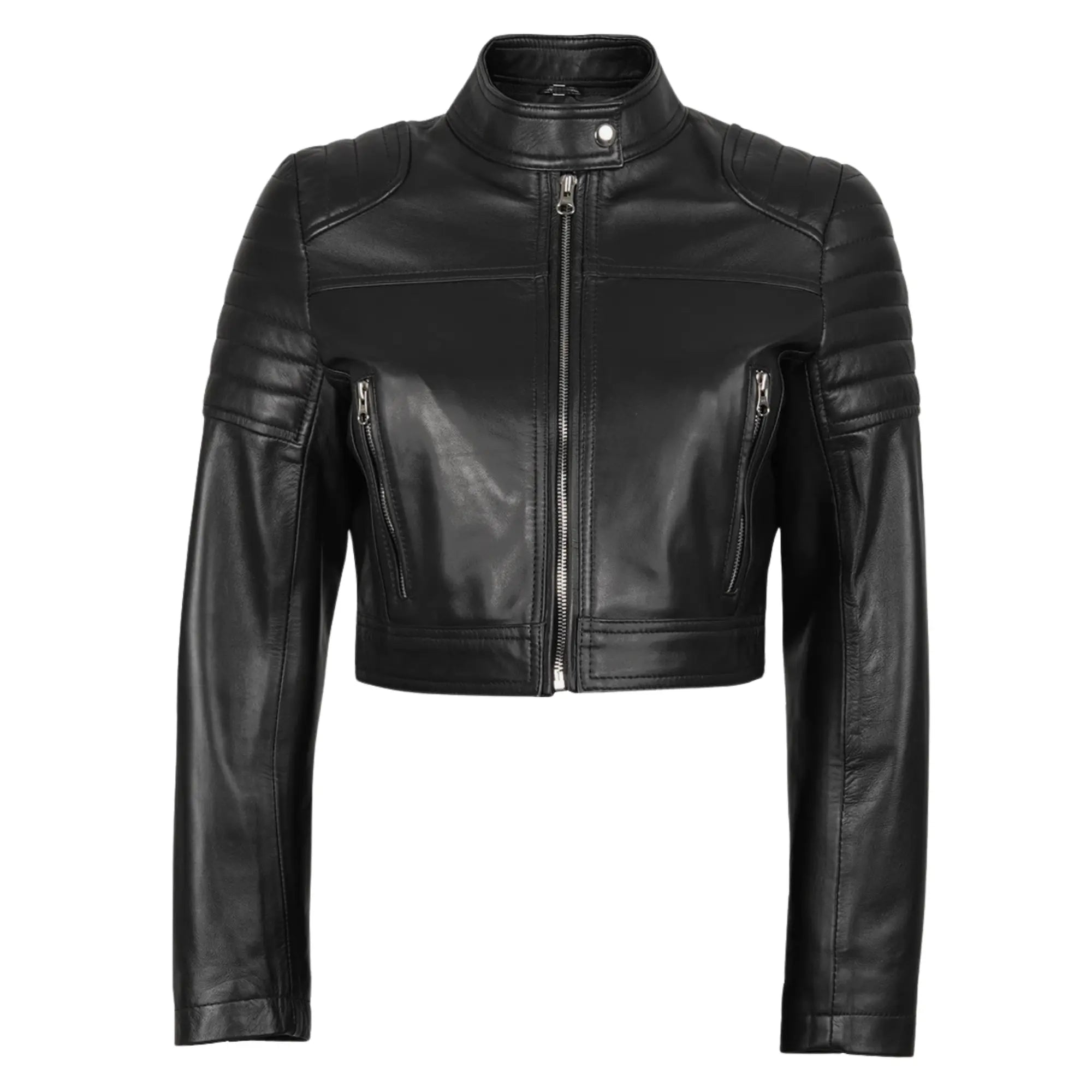 Sowachi Women's Black Cropped Biker Style Sheepskin Leather Jacket