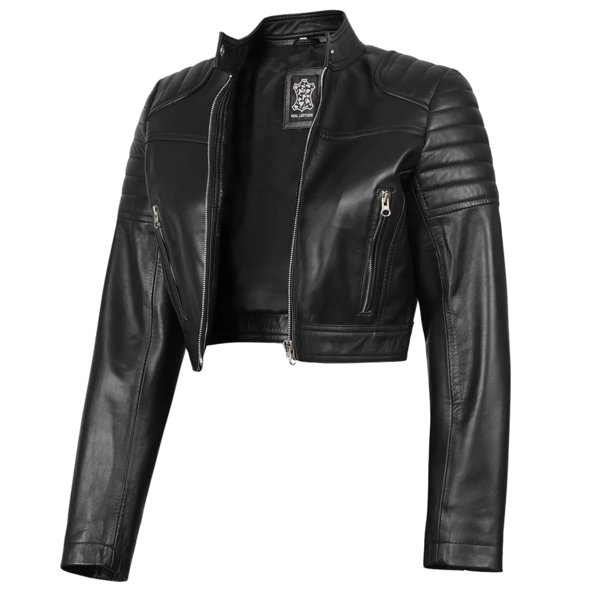 Sowachi Women's Black Cropped Biker Style Sheepskin Leather Jacket
