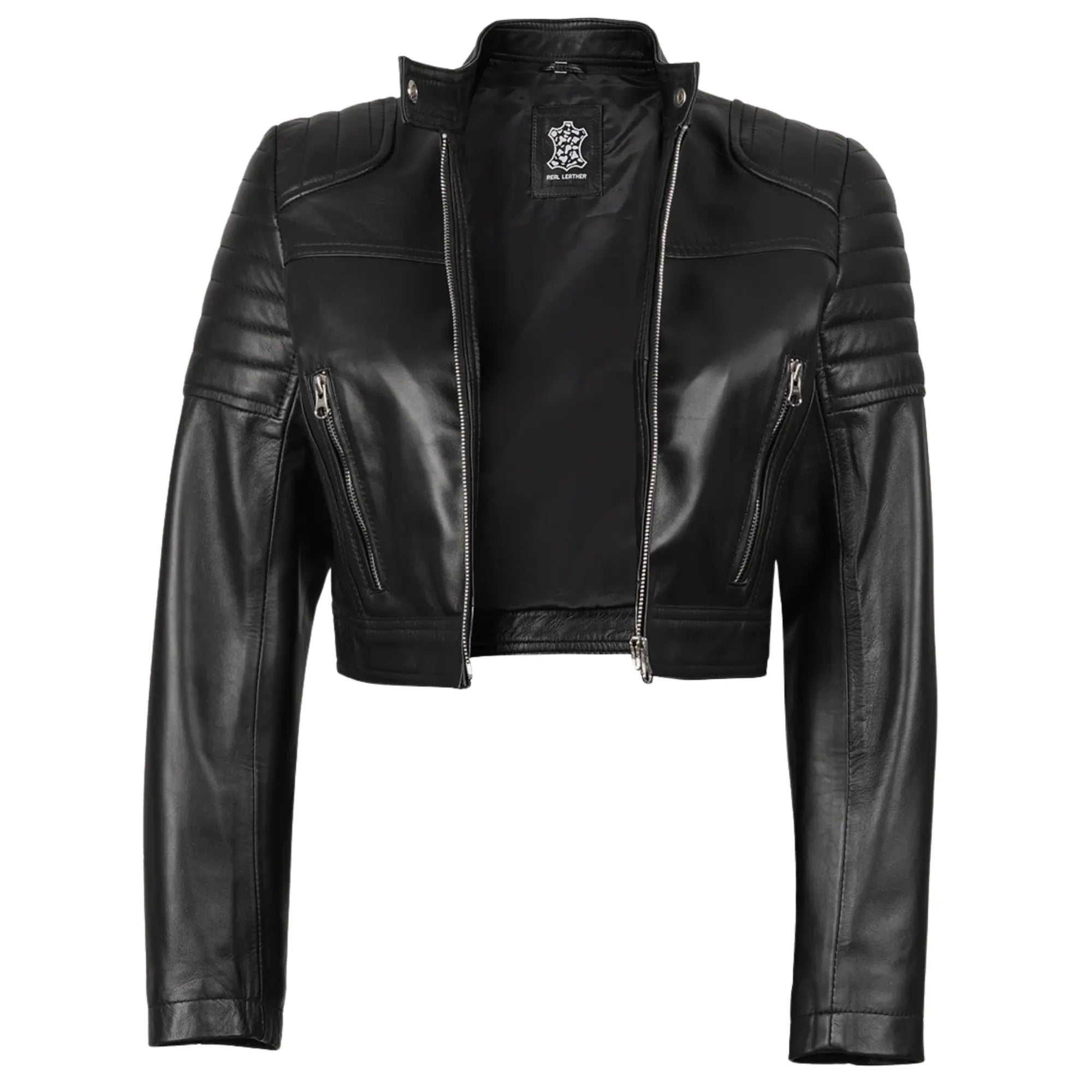 Sowachi Women's Black Cropped Biker Style Sheepskin Leather Jacket