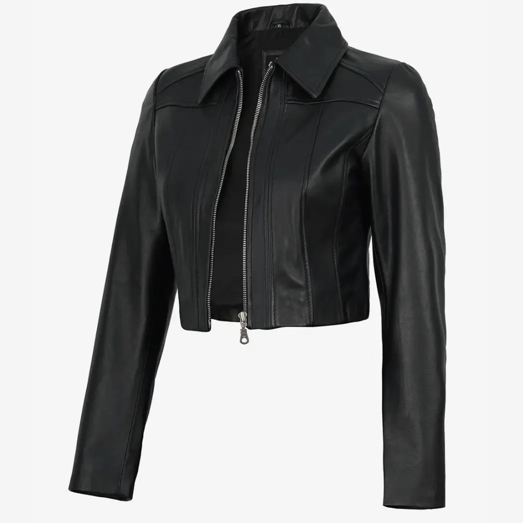 Sowachi Women's Black Cropped Leather Jacket with Shirt Collar