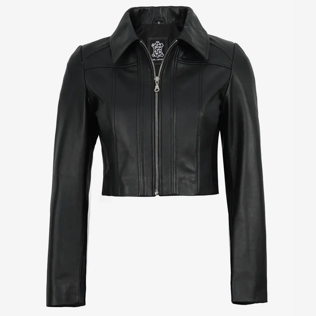 Sowachi Women's Black Cropped Leather Jacket with Shirt Collar