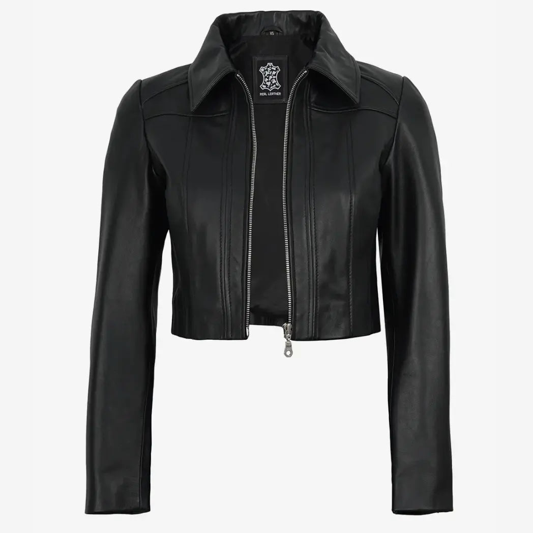 Sowachi Women's Black Cropped Leather Jacket with Shirt Collar