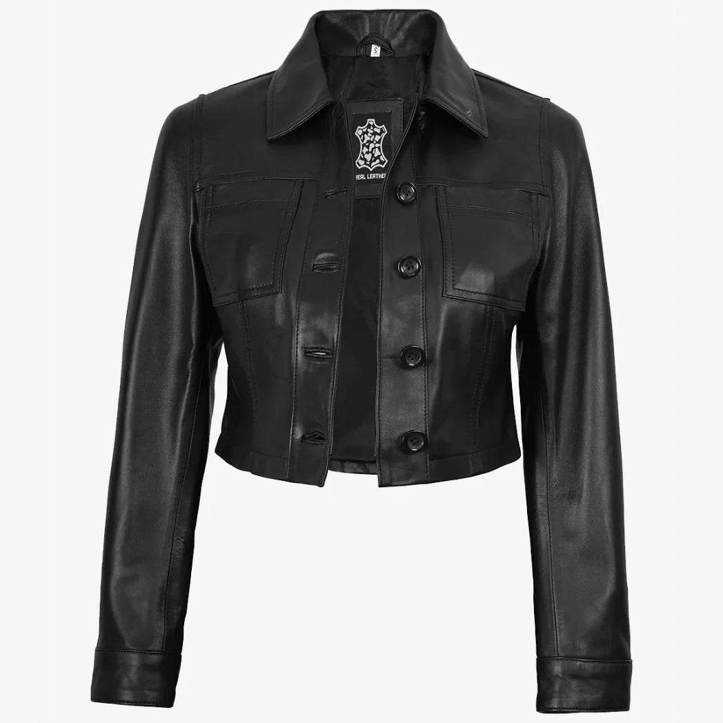 Sowachi Women's Black Cropped Real Lambskin Leather Jacket