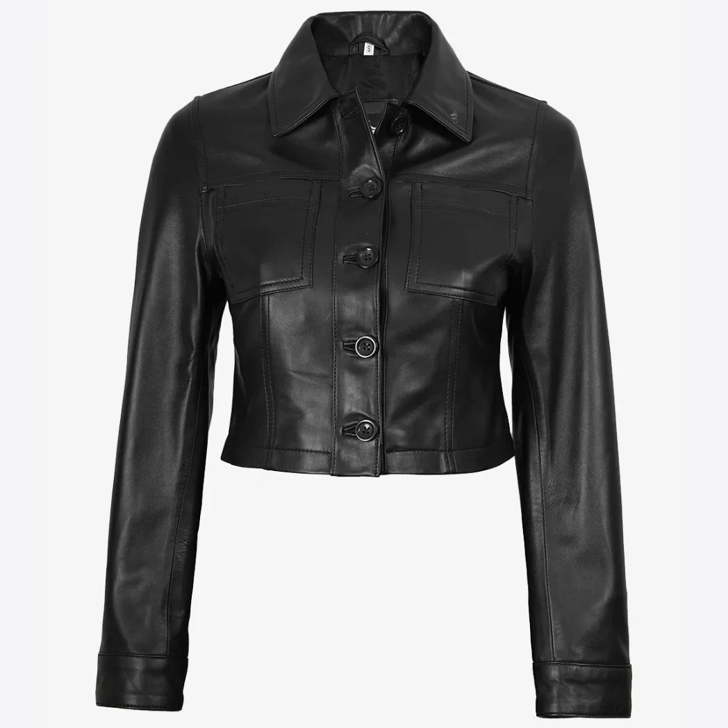 Sowachi Women's Black Cropped Real Lambskin Leather Jacket