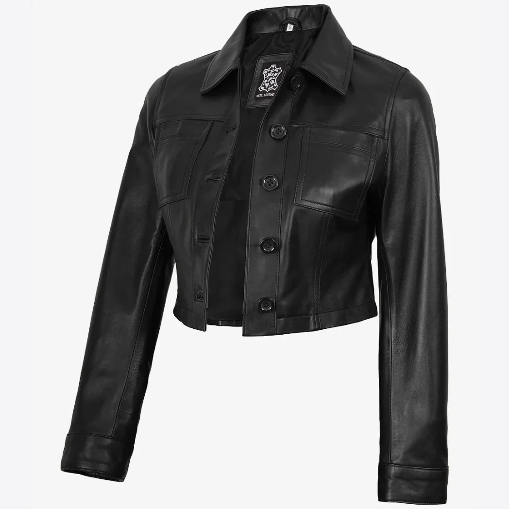 Sowachi Women's Black Cropped Real Lambskin Leather Jacket