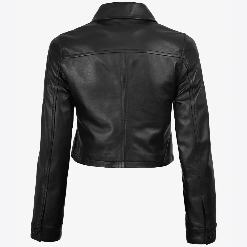Sowachi Women's Black Cropped Real Lambskin Leather Jacket