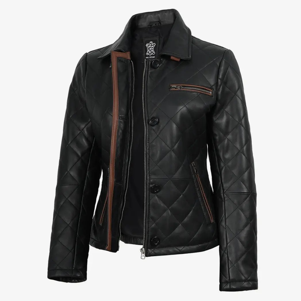 Sowachi Women's Black Diamond Quilted Leather Jacket with Brown Trim