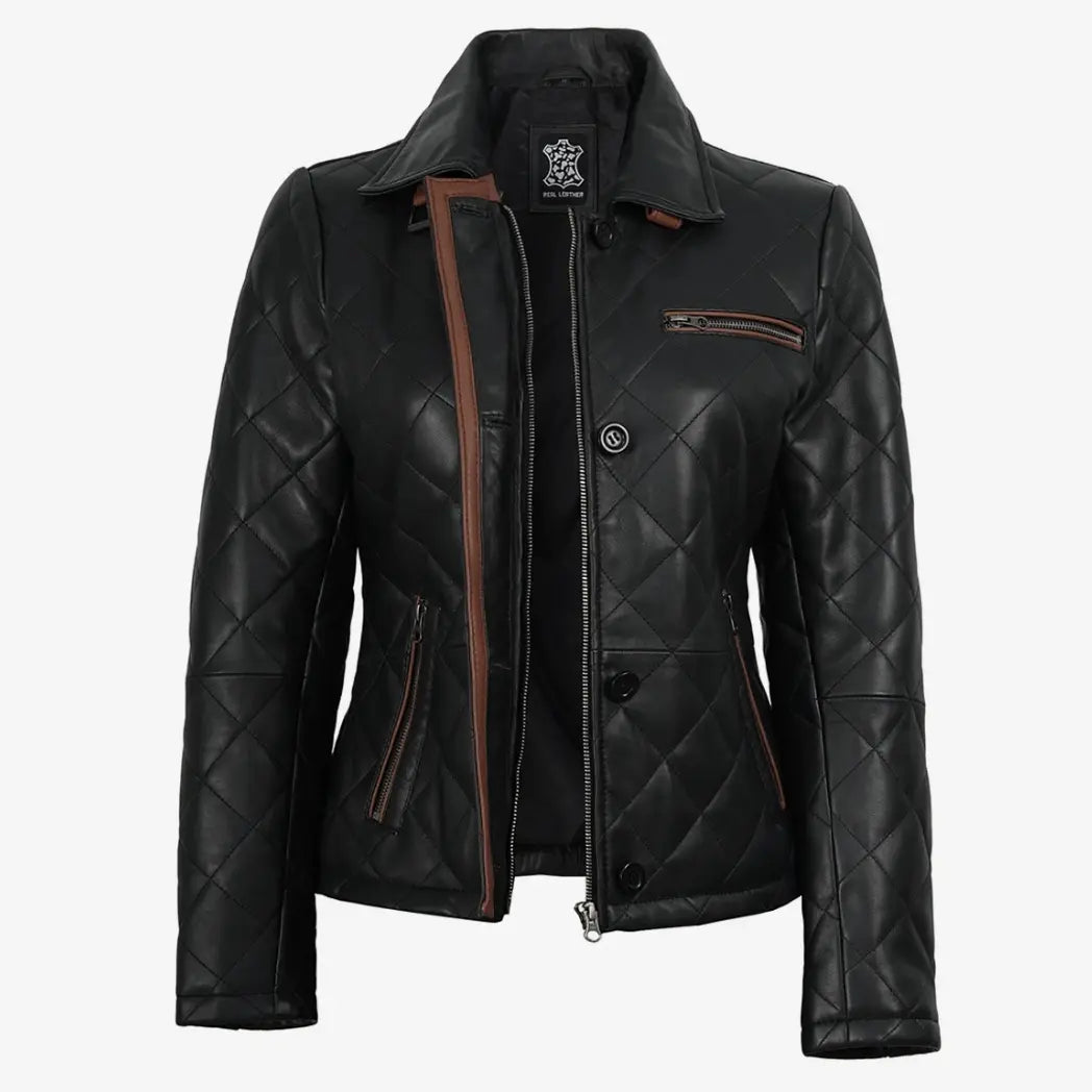 Sowachi Women's Black Diamond Quilted Leather Jacket with Brown Trim