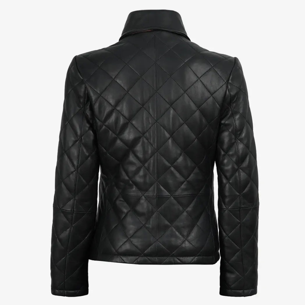 Sowachi Women's Black Diamond Quilted Leather Jacket with Brown Trim