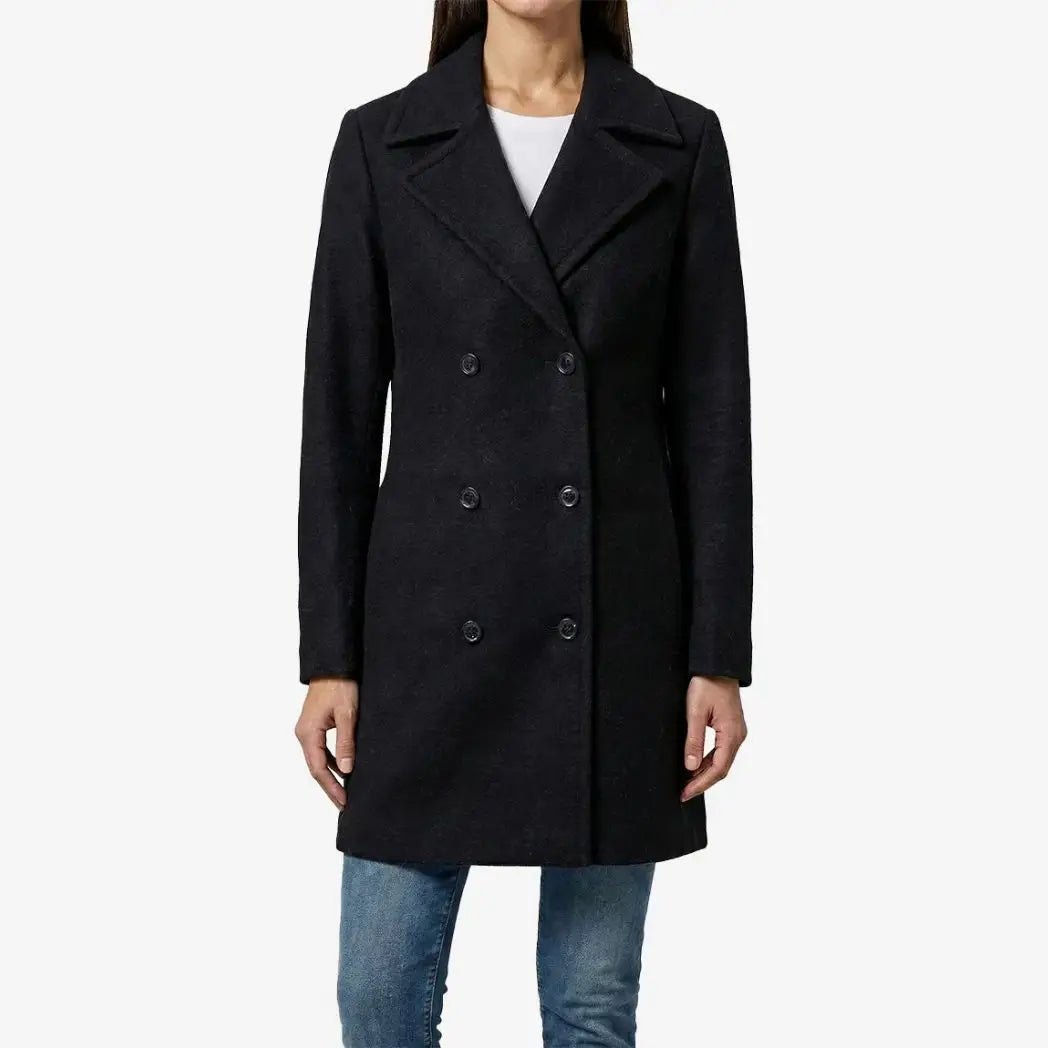 Sowachi Women's Black Double-Breasted Wool Overcoat