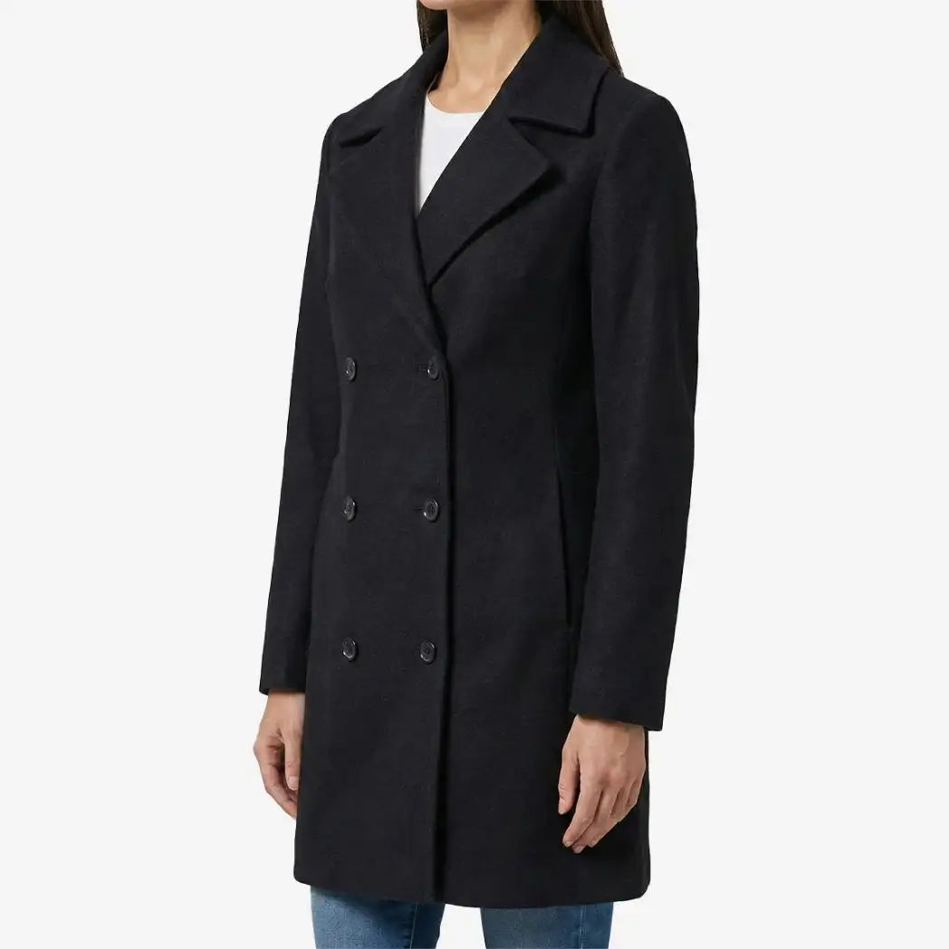 Sowachi Women's Black Double-Breasted Wool Overcoat