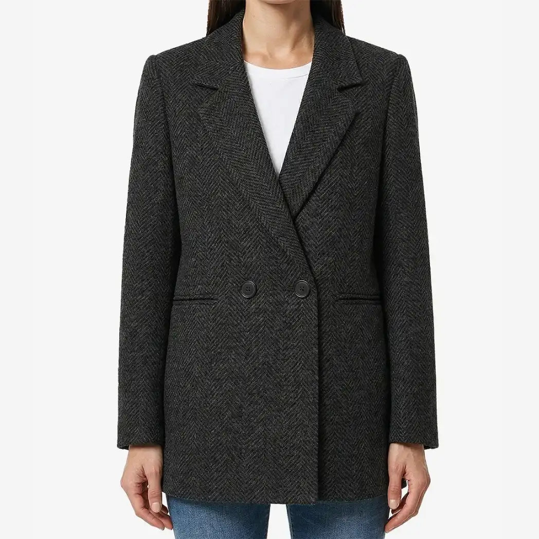 Sowachi Women's Black Double Breasted Herringbone Wool Blazer