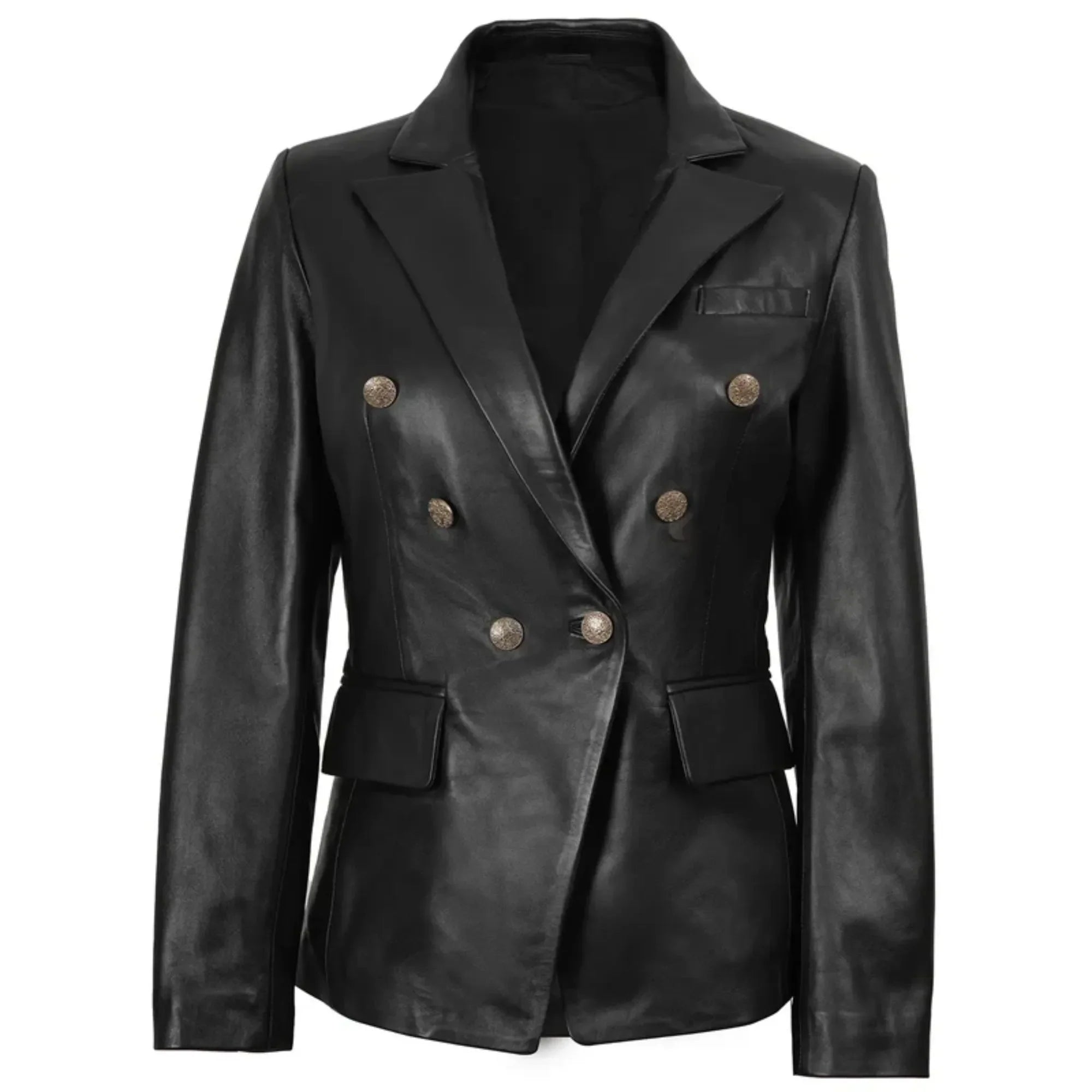 Sowachi Velgia - Women's Black Double Breasted Leather Blazer