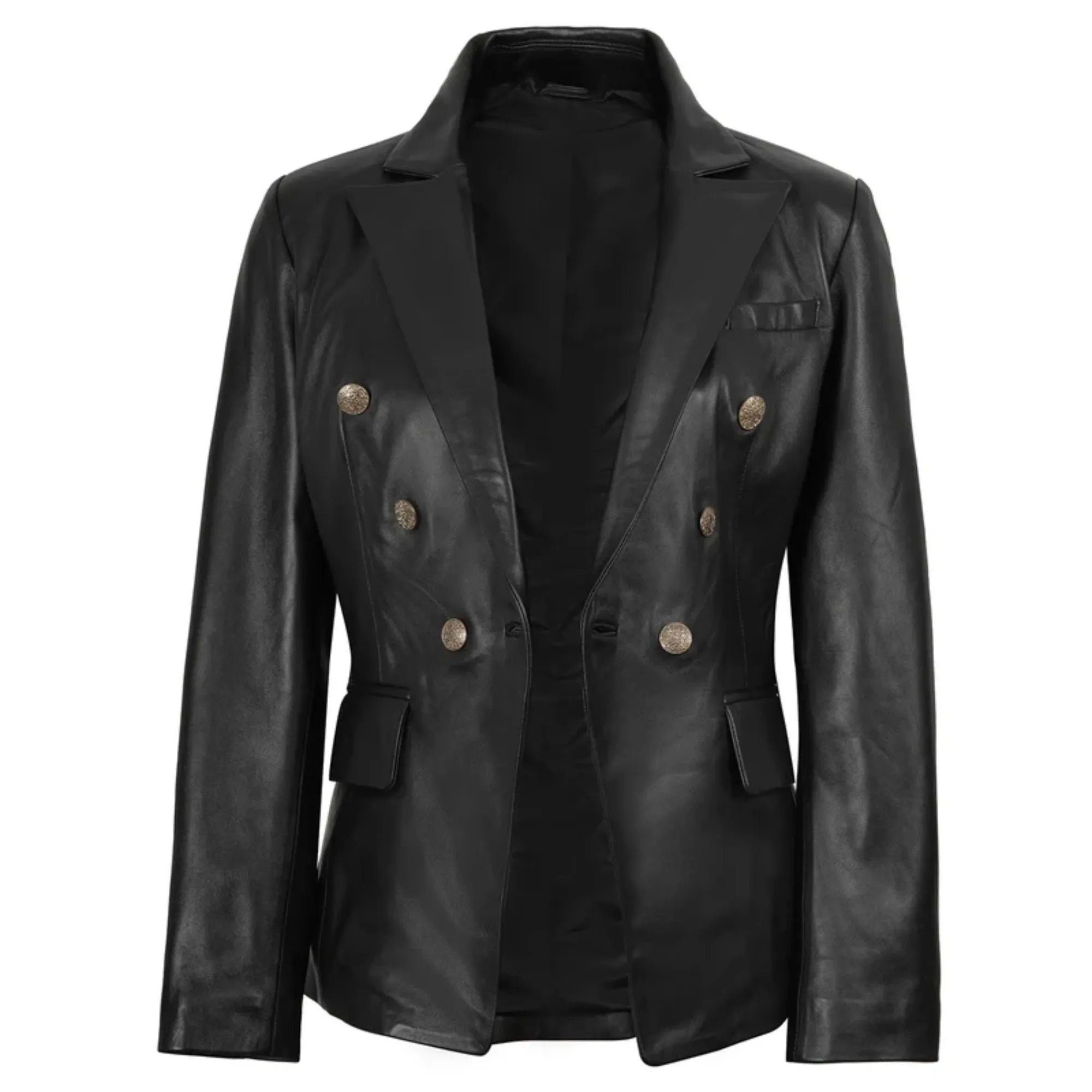 Sowachi Velgia - Women's Black Double Breasted Leather Blazer