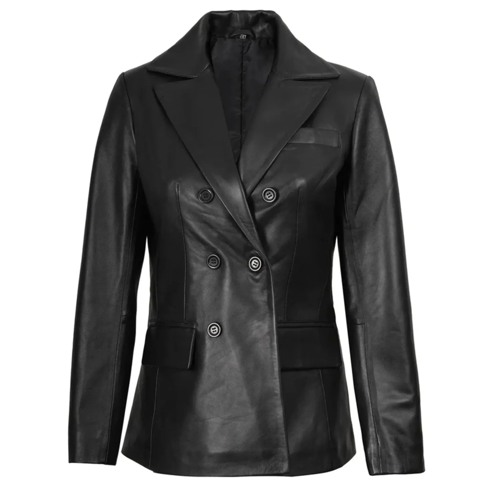 Sowachi Velmora - Women's Black Double - Breasted Leather Blazer