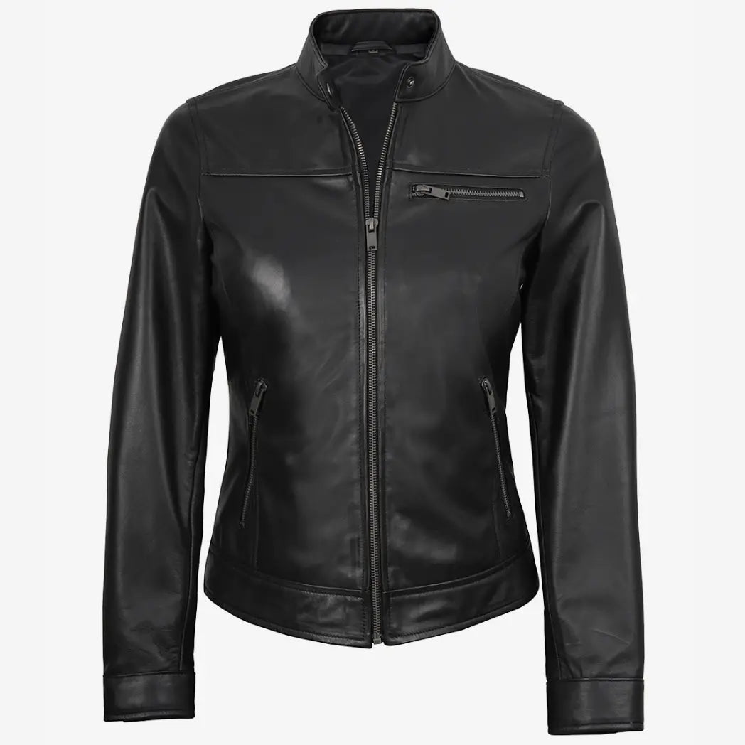Sowachi Women's Black Lambskin Biker Style Leather Jacket