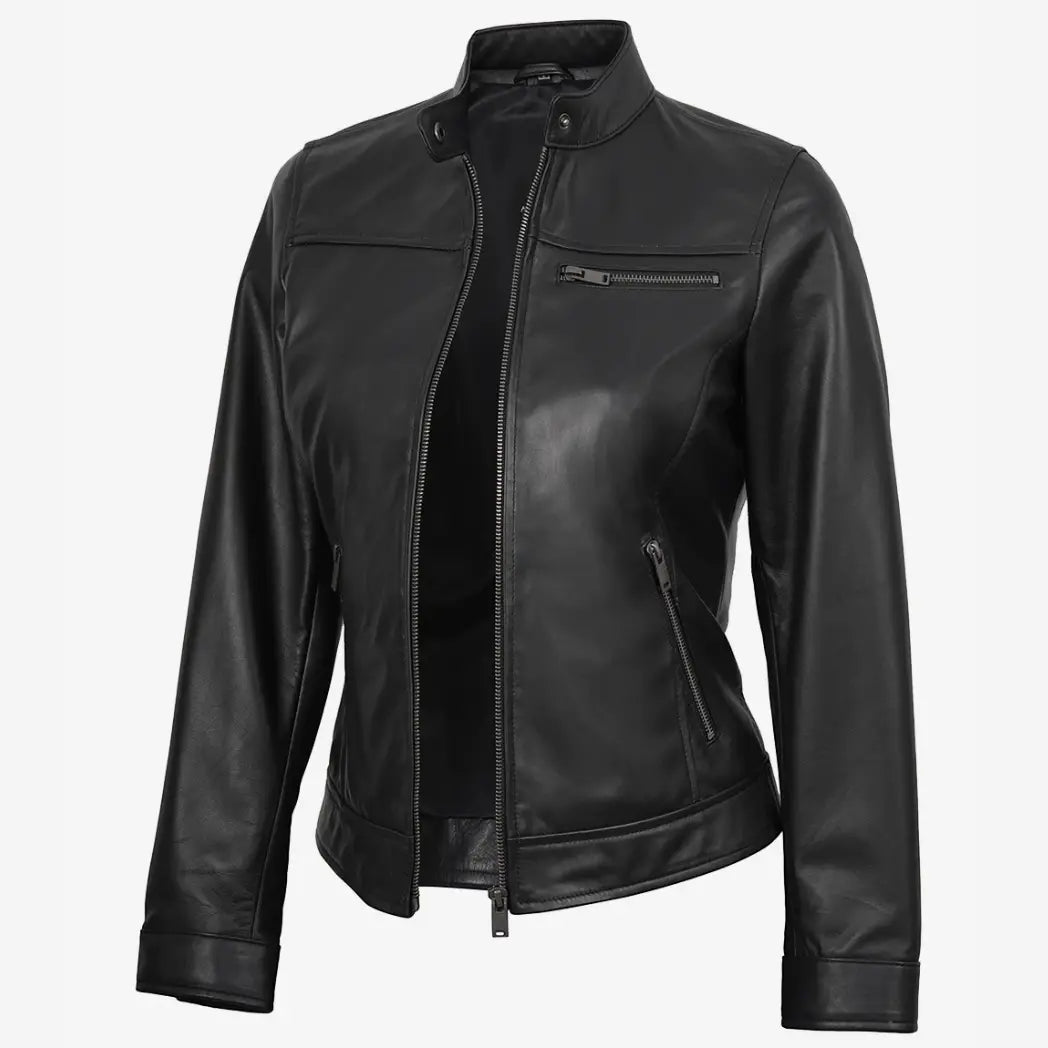 Sowachi Women's Black Lambskin Biker Style Leather Jacket