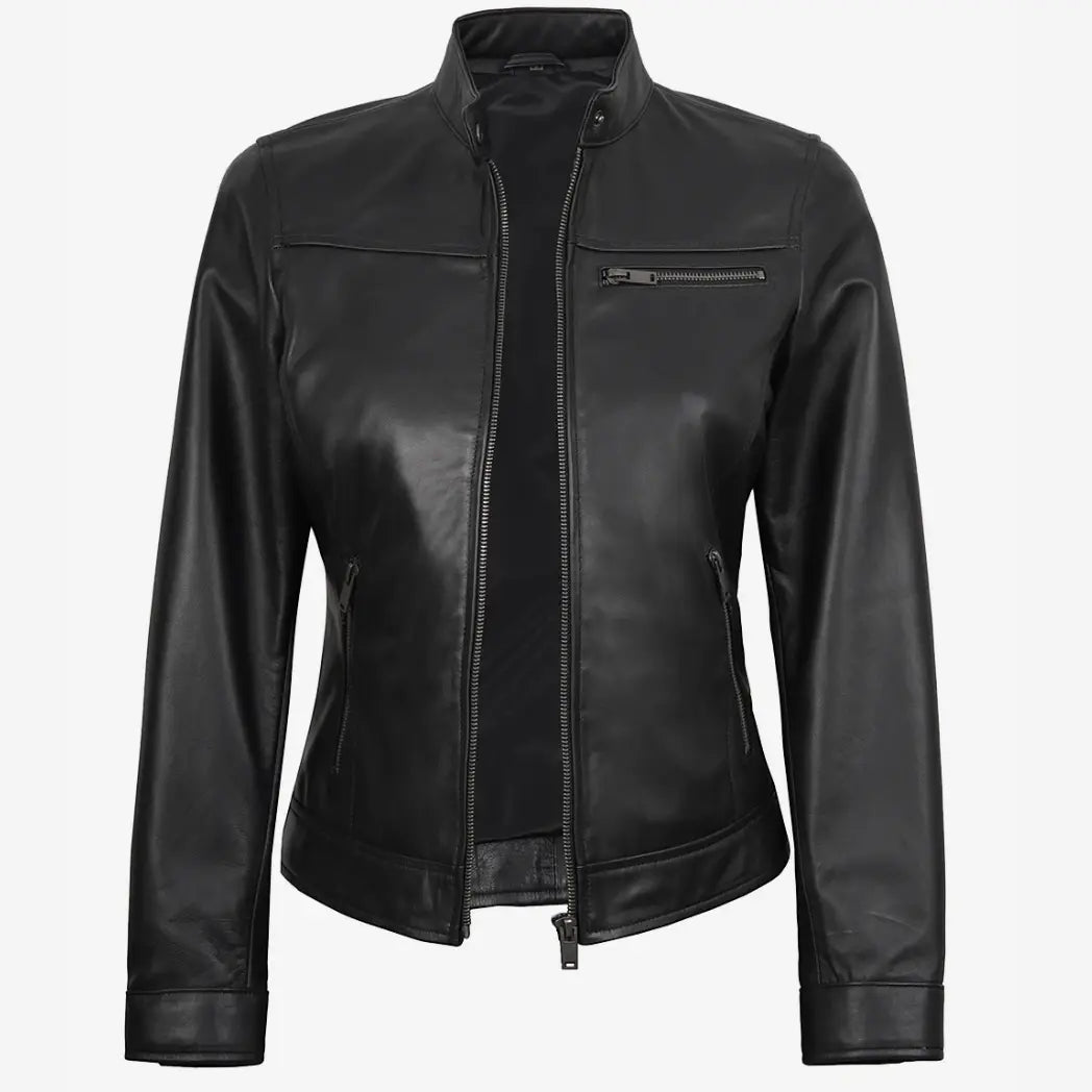 Sowachi Women's Black Lambskin Biker Style Leather Jacket