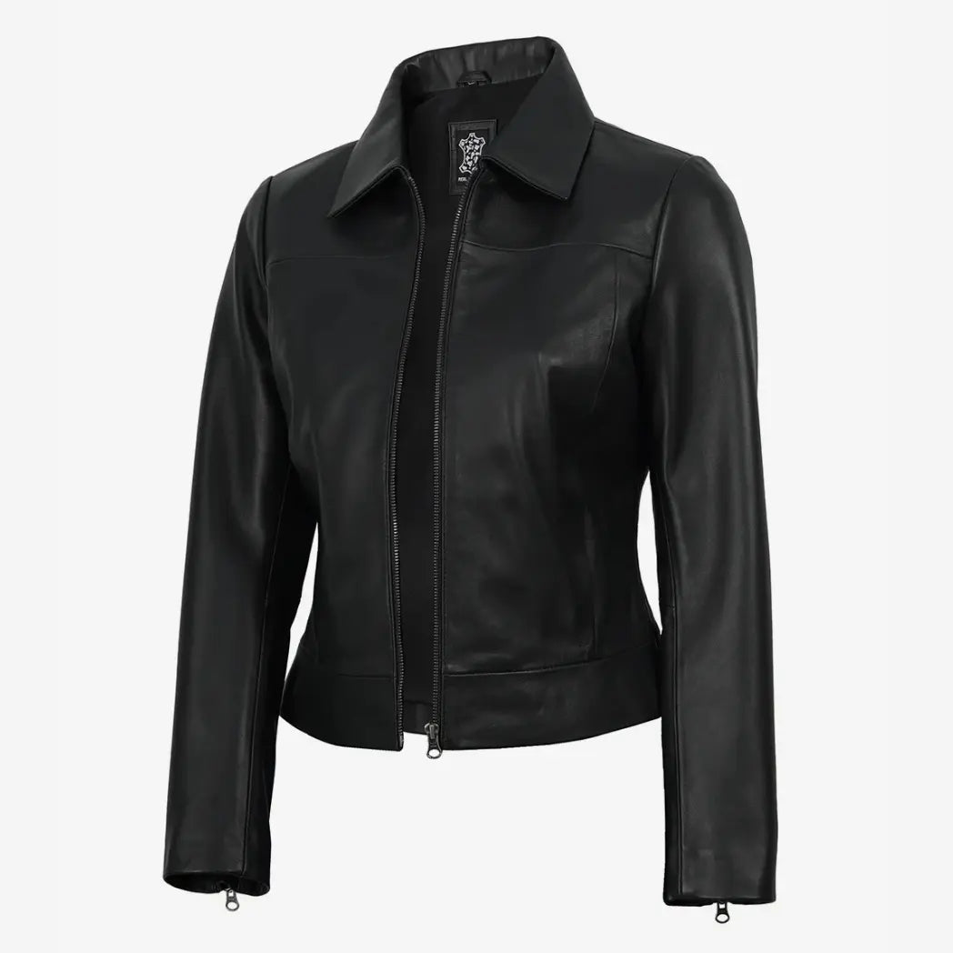 Sowachi Women's Black Lambskin Leather Harrington Jacket