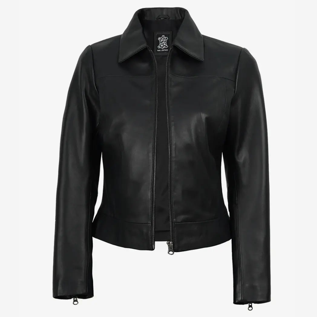 Sowachi Women's Black Lambskin Leather Harrington Jacket