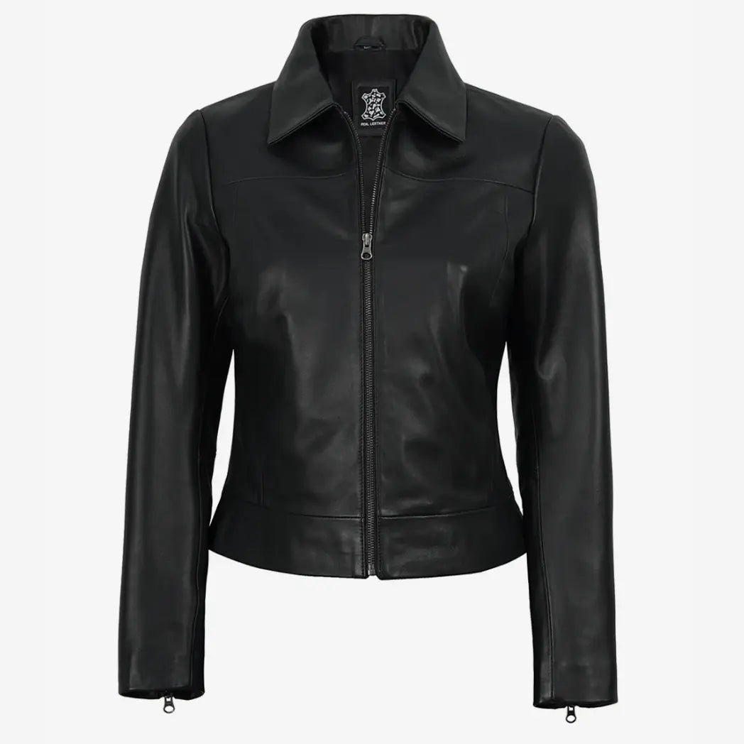 Sowachi Women's Black Lambskin Leather Harrington Jacket