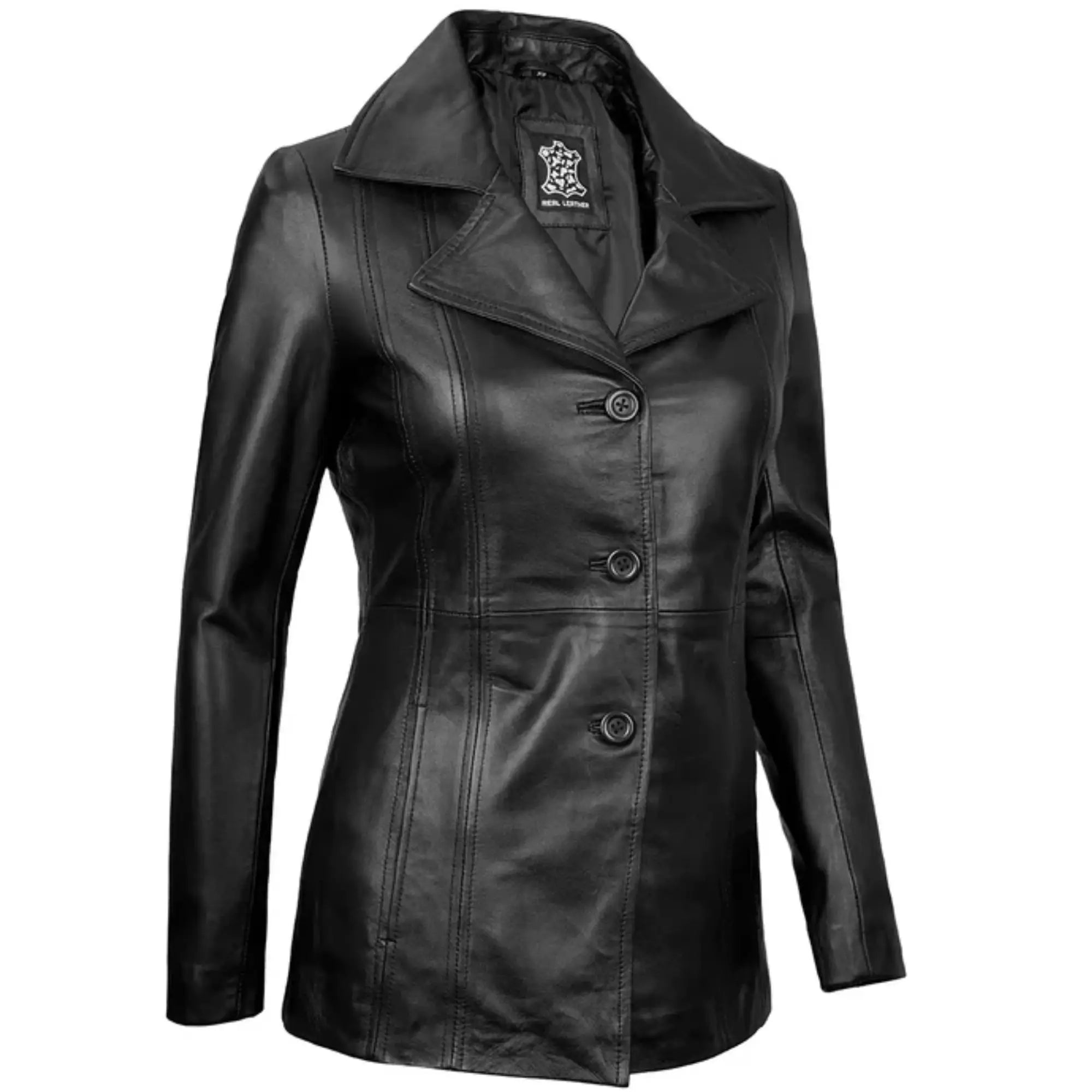 Sowachi Marvelle - Women's Black Three Button Leather Blazer