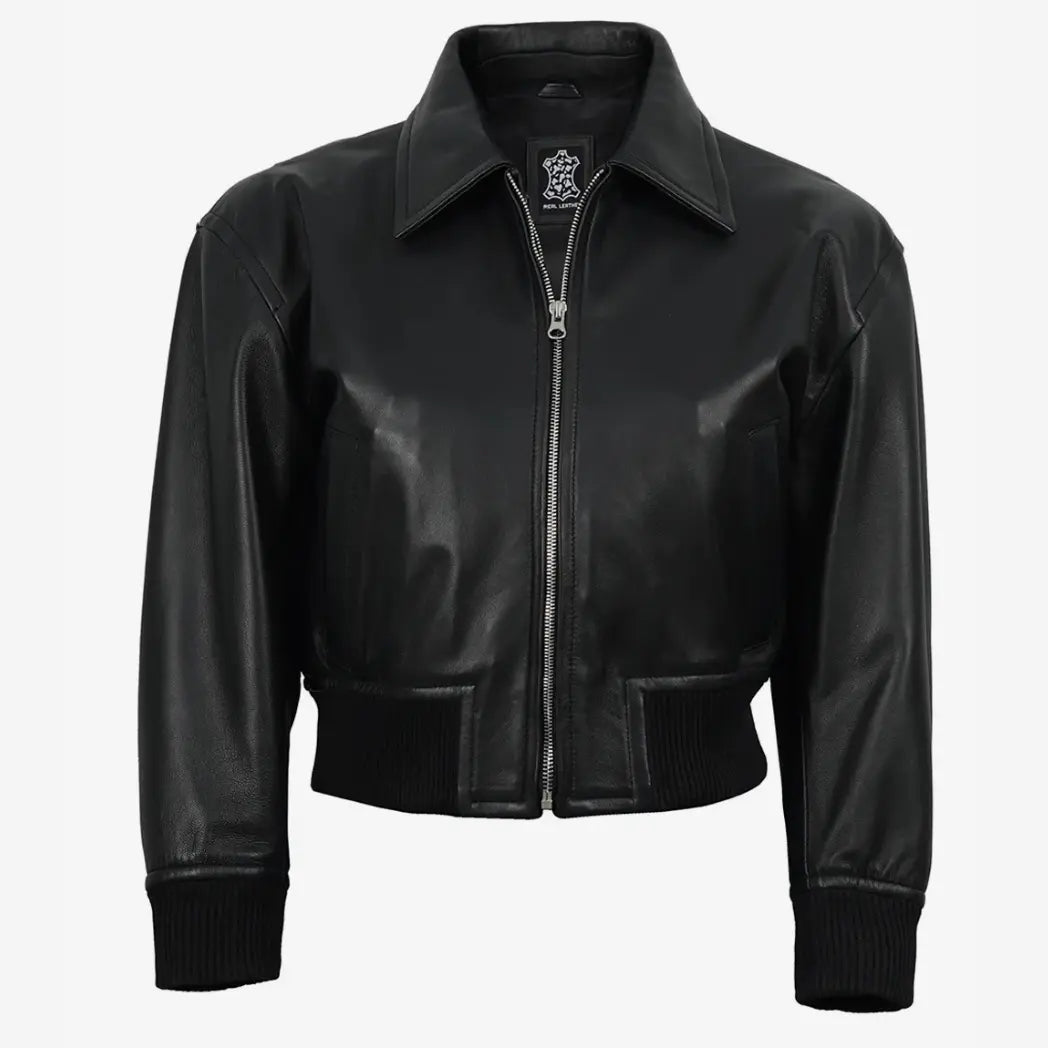 Sowachi Women's Black Leather Cropped Style Bomber Jacket