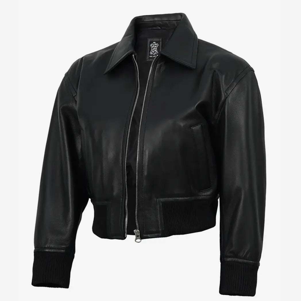 Sowachi Women's Black Leather Cropped Style Bomber Jacket