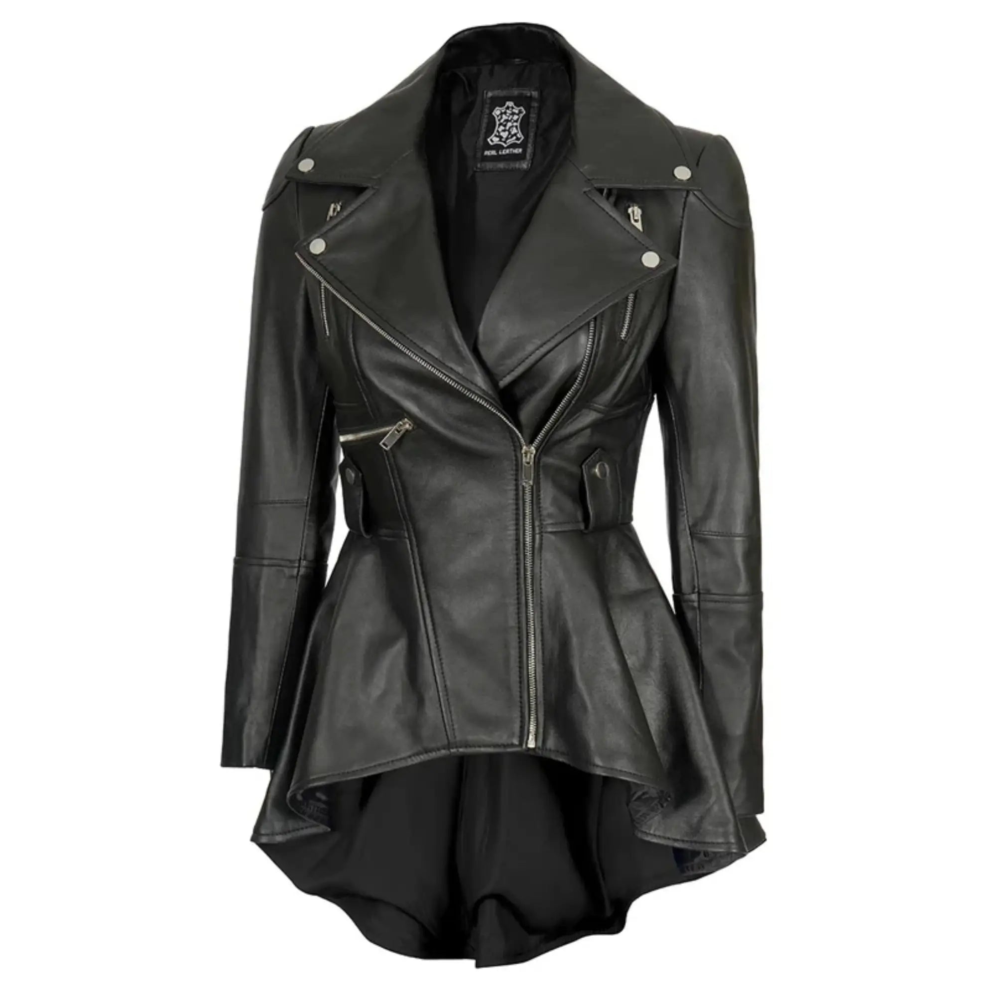 Sowachi Zavelle - Women's Black Asymmetrical Peplum Leather Jacket
