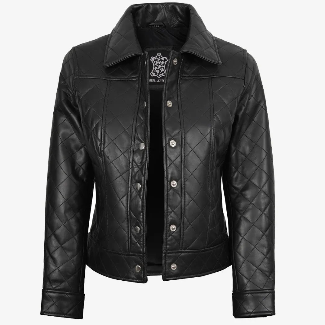 Sowachi Women's Black Quilted Harrington Style Leather Jacket
