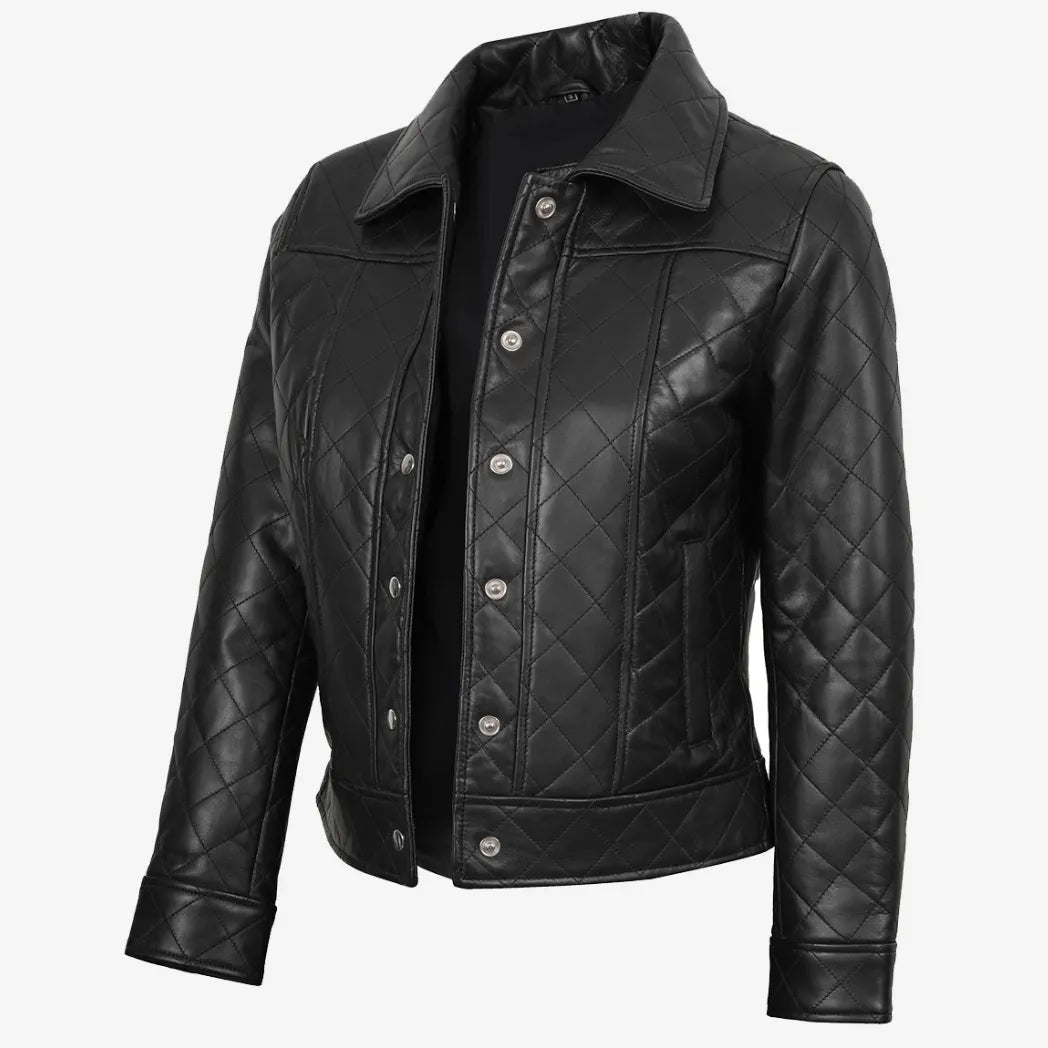 Sowachi Women's Black Quilted Harrington Style Leather Jacket