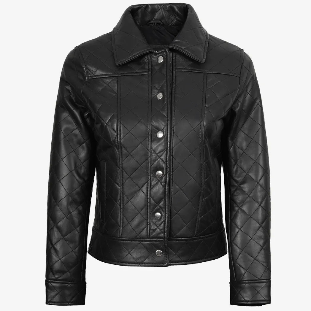 Sowachi Women's Black Quilted Harrington Style Leather Jacket
