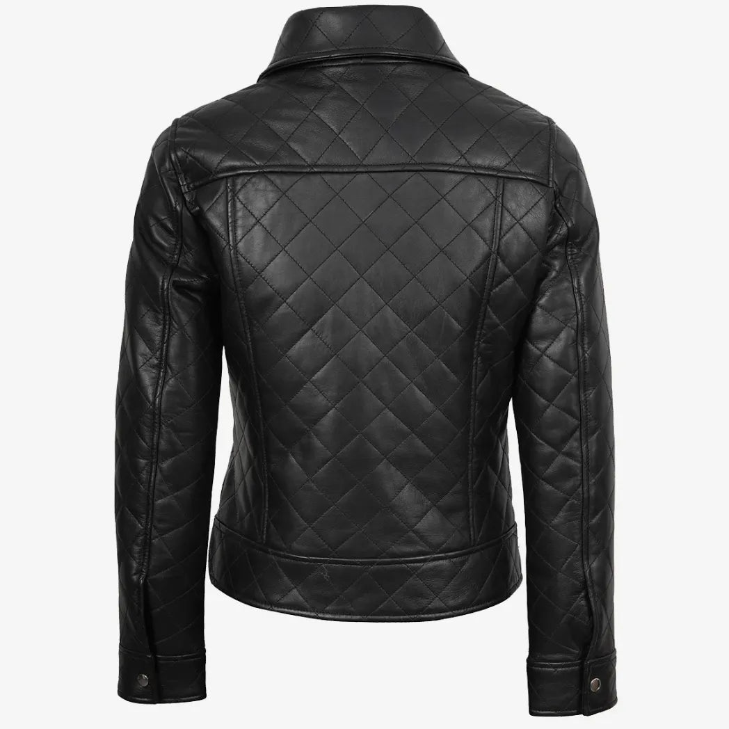Sowachi Women's Black Quilted Harrington Style Leather Jacket