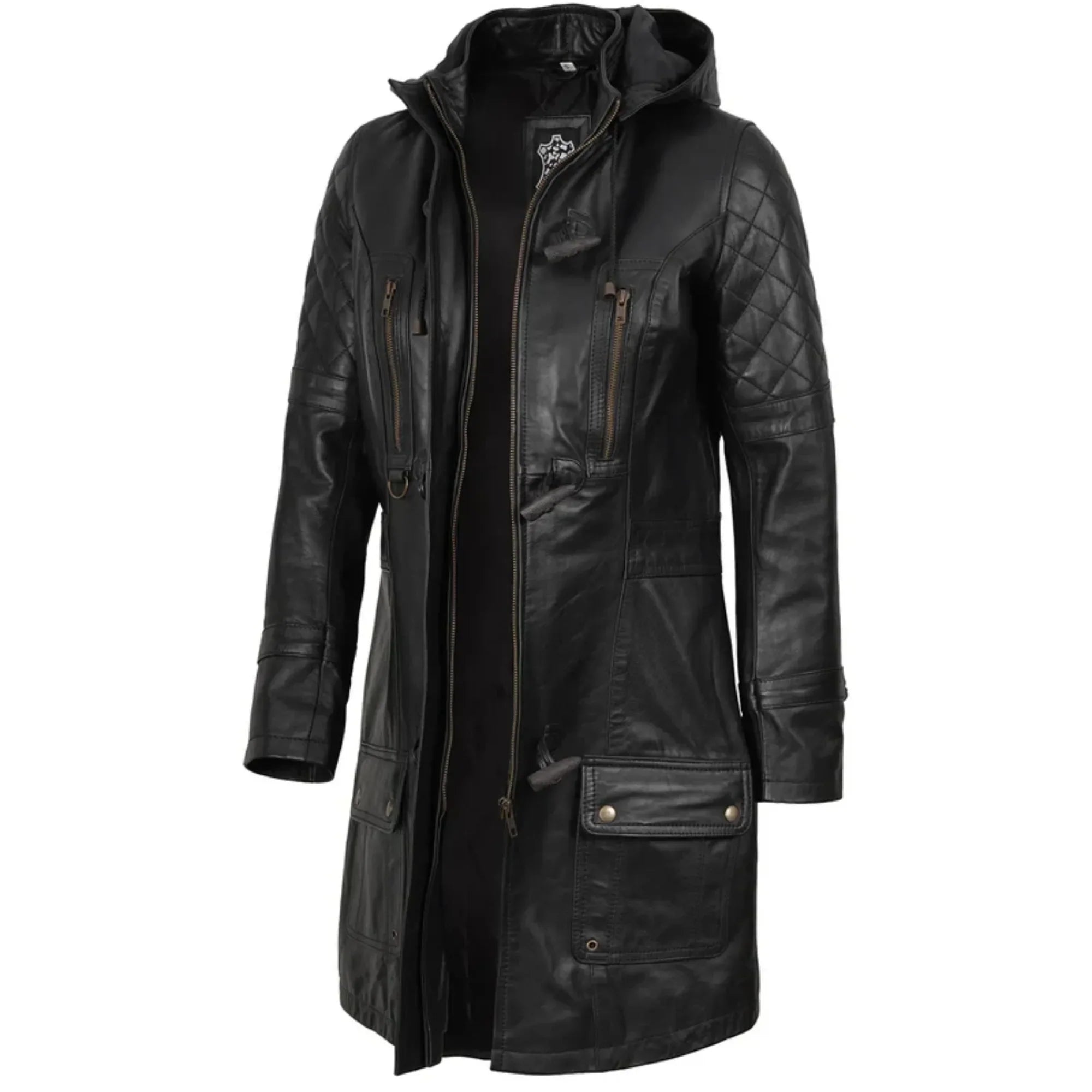 Sowachi Zelvanna - Women's Black Quilted Leather Coat with Detachable Hood