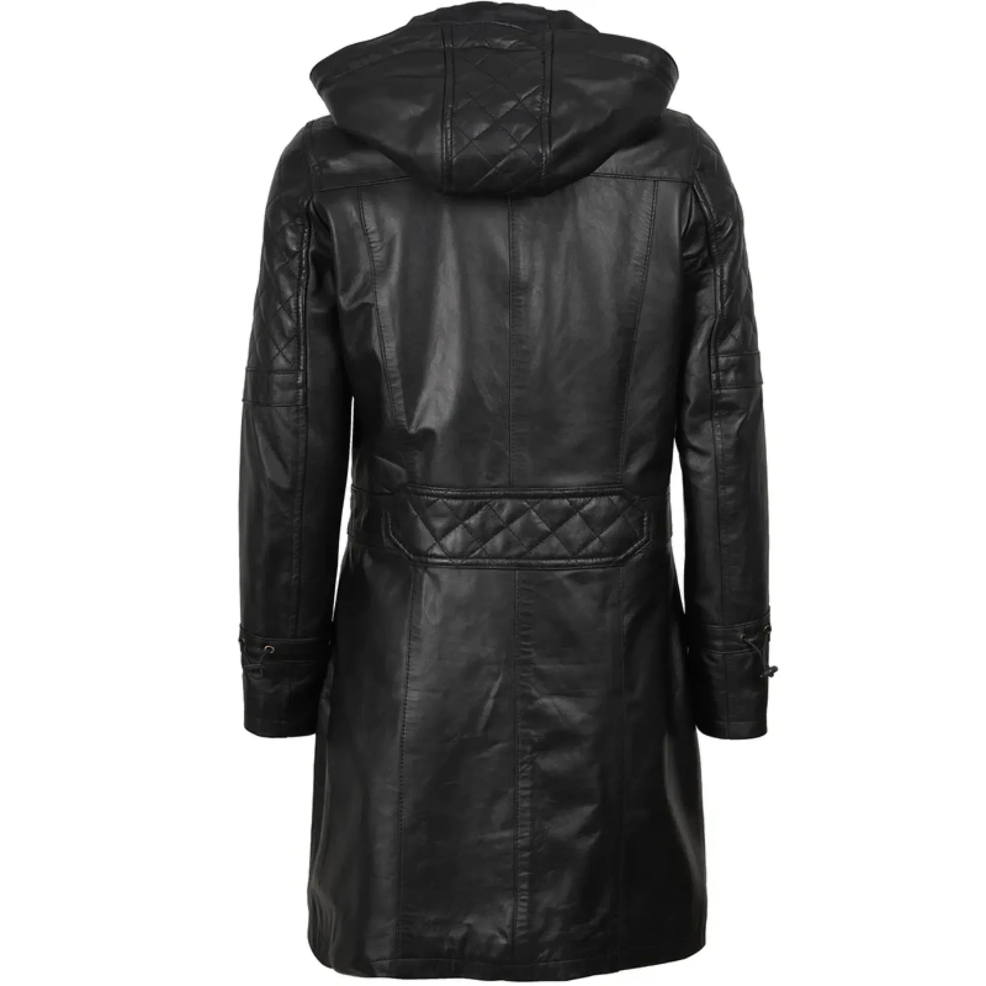 Sowachi Zelvanna - Women's Black Quilted Leather Coat with Detachable Hood