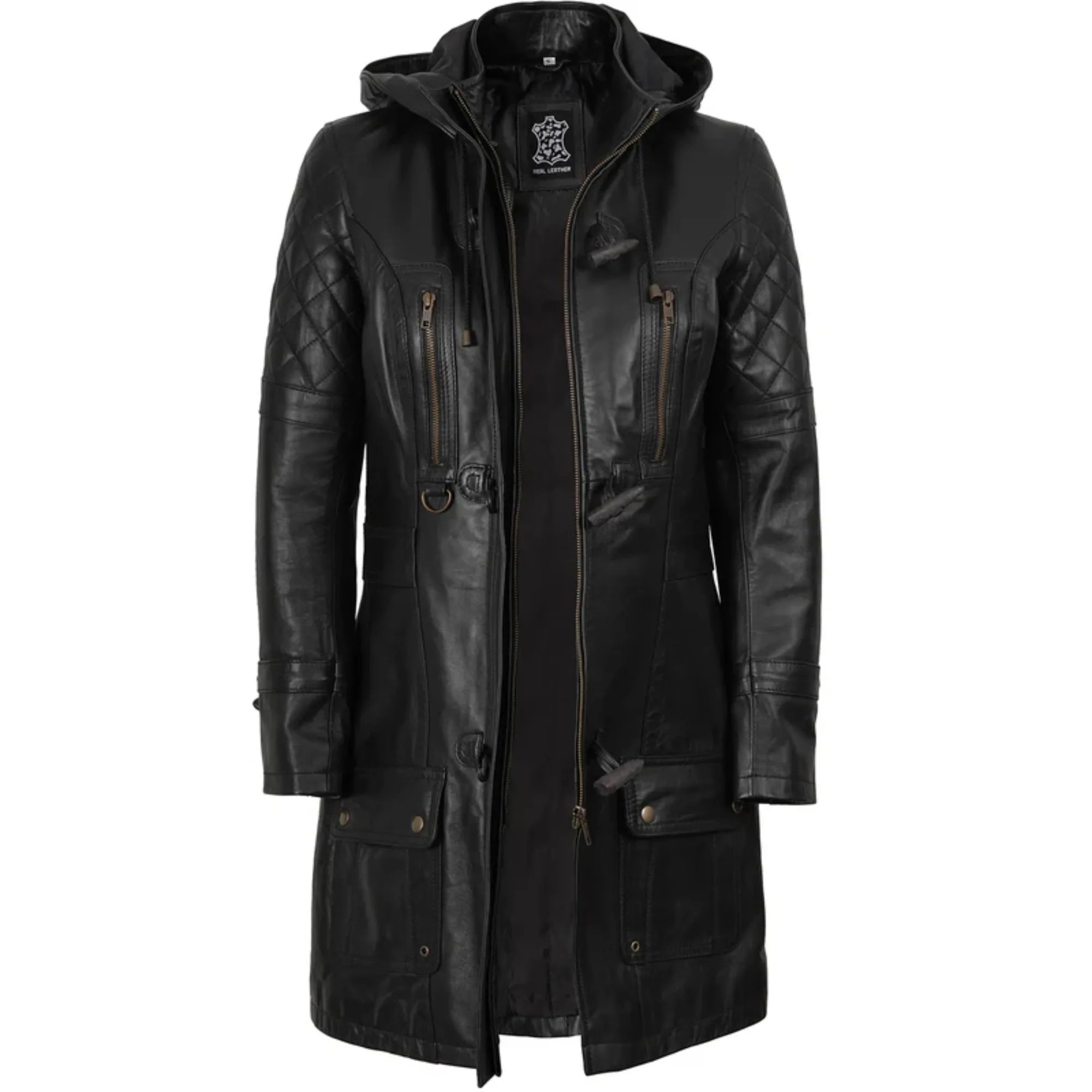 Sowachi Zelvanna - Women's Black Quilted Leather Coat with Detachable Hood