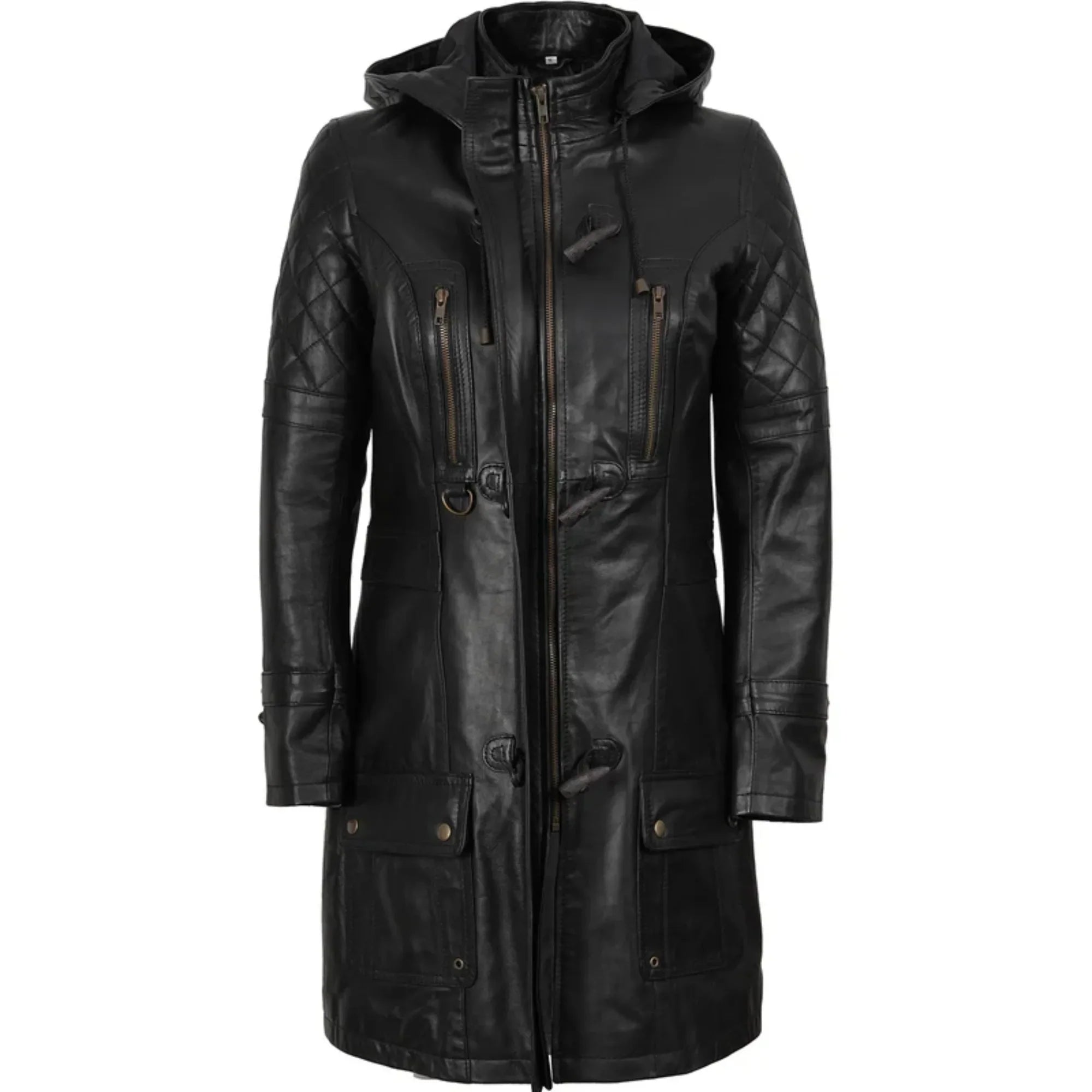 Sowachi Zelvanna - Women's Black Quilted Leather Coat with Detachable Hood