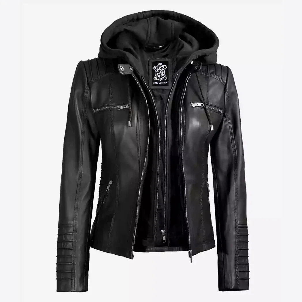 Sowachi Women's Black Real Lambskin Leather Jacket with Removable Hood