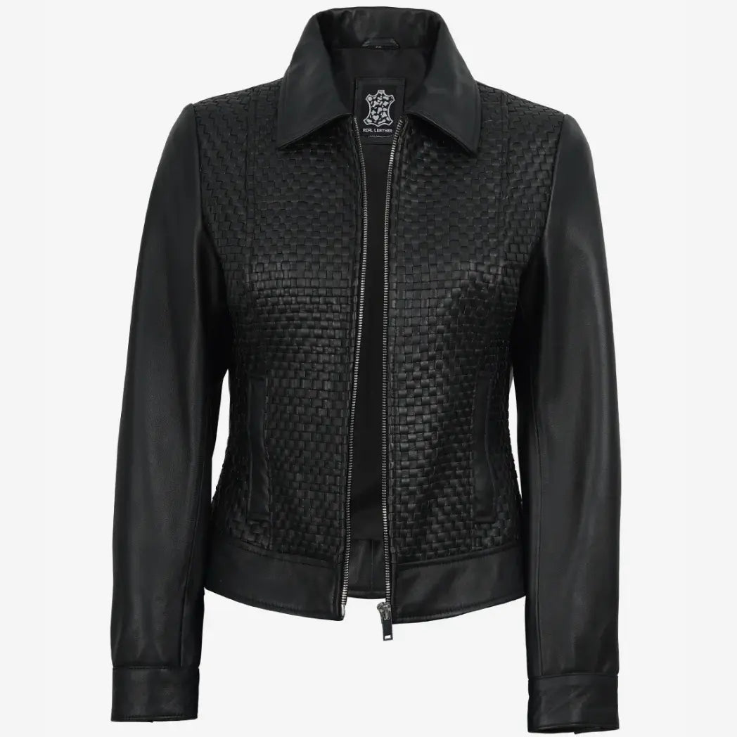 Sowachi Women's Black Shirt Collar Harrington Leather Jacket