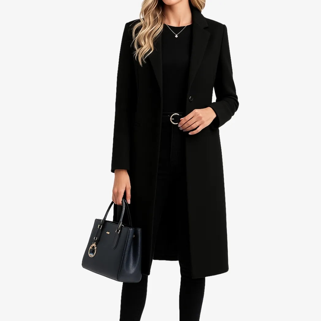 Sowachi Women's Black Single Breasted Wool Coat