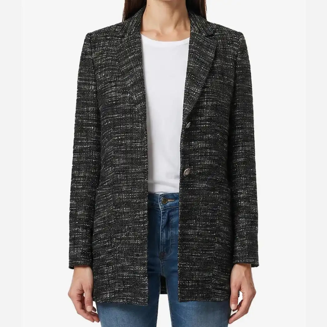 Sowachi Women's Black Tweed Two Button Wool Blazer Jacket